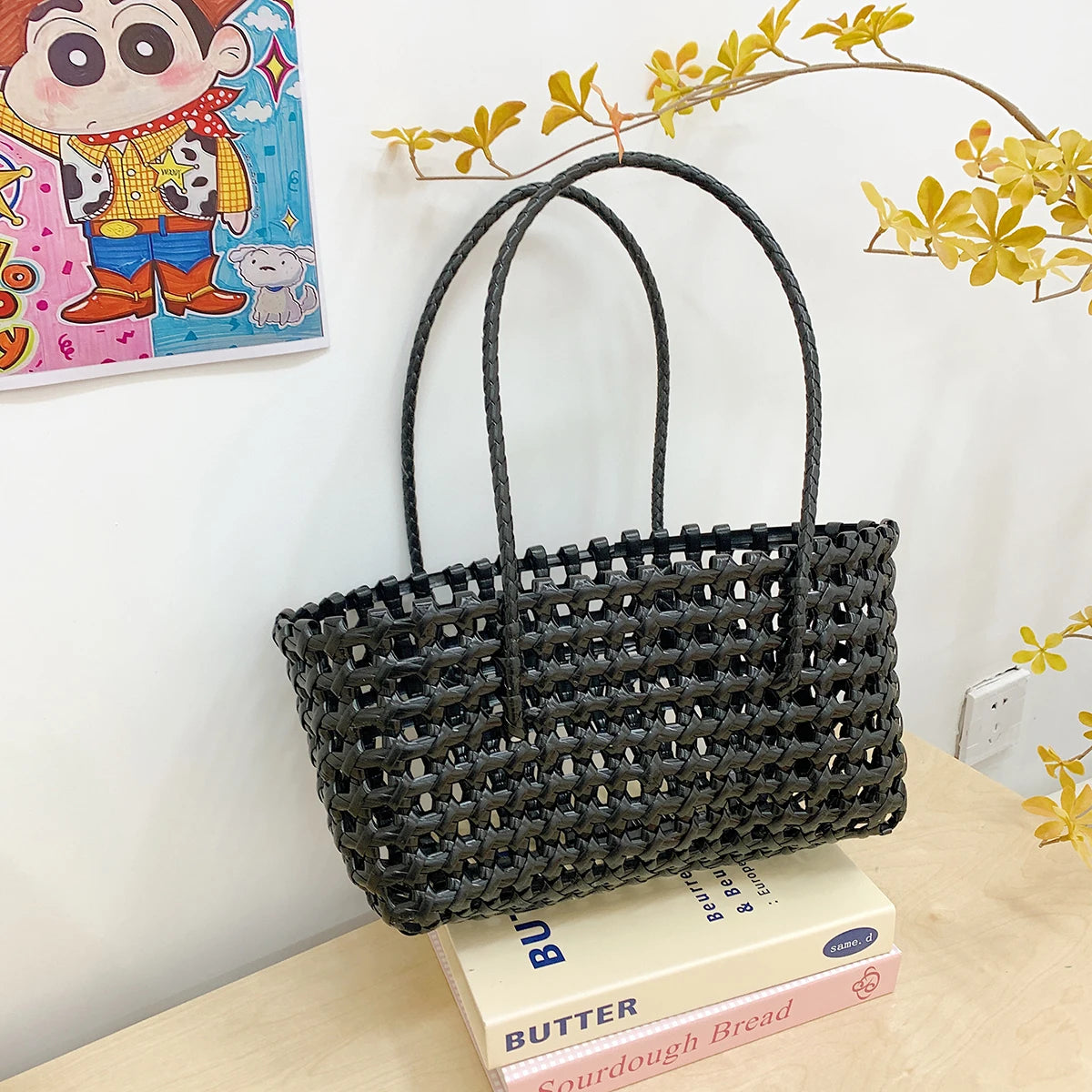 Hollow-Out Woven Tote Bag for Women – Korean Y2K Handbag