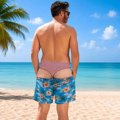 Funny Fake Two-Piece Men's Beach Shorts – Optical Illusion Thong Print Boardshorts