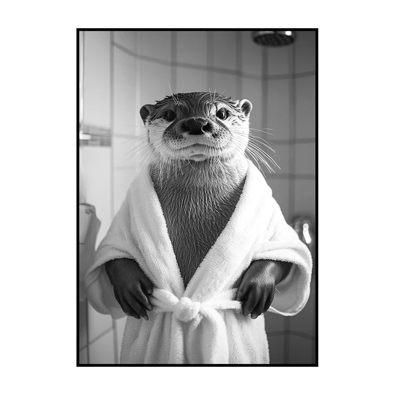 Funny Animal Bathroom Wall Art Poster – Quirky Wildlife in Bathrobe Print