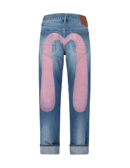 Mens Jeans Print Waist Straight Leg Denim Pants Harajuku Unisex Loose Fit Tapered Casual Streetwear