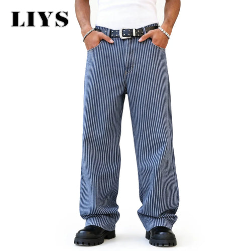 Men's Striped Wide Leg Straight Jeans – Retro Streetwear