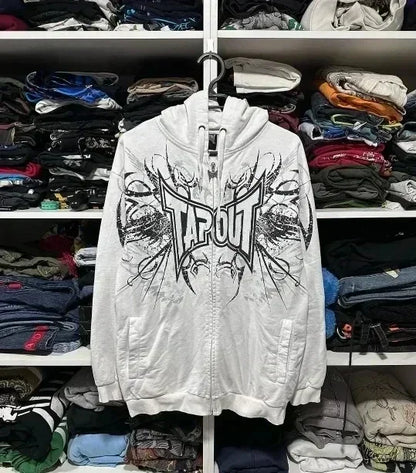 Green Tapout Graphic Zip Hoodie – Y2K Hip Hop Oversized Sweatshirt