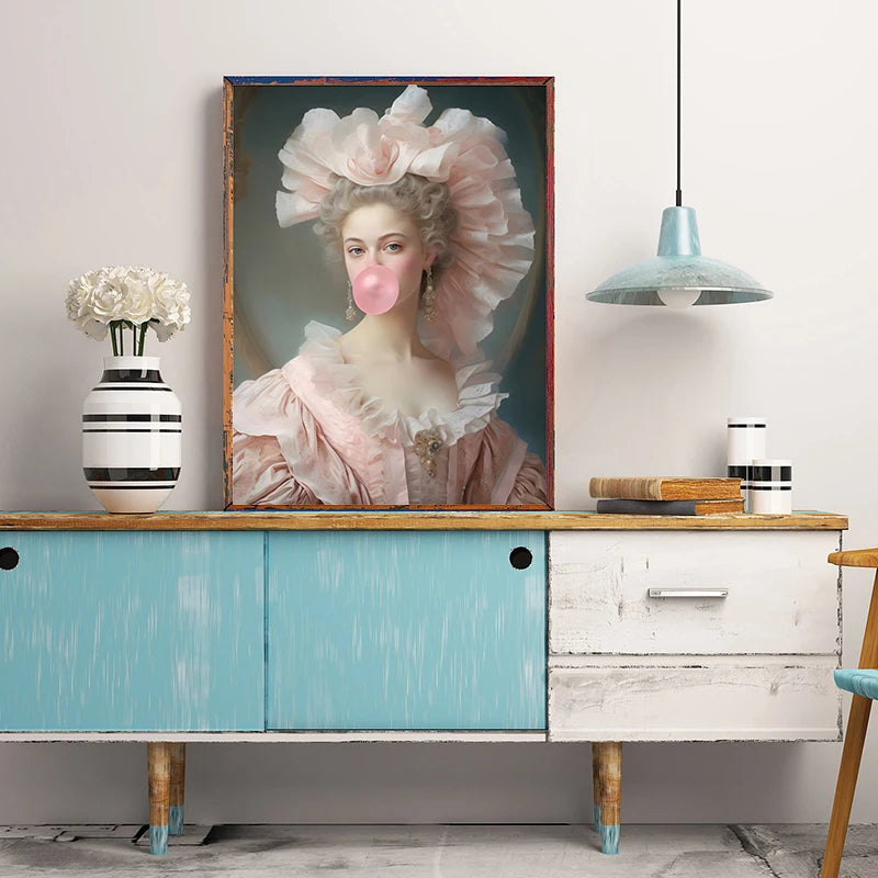 Bubble Gum Baroque Portrait Wall Art Poster – Vintage Altered Art Print