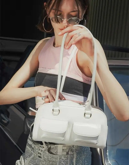 Retro White Bowling Bag Purse Women Hot Girls Leather Pocket