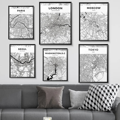 World City Map Wall Art Print – Black & White City Poster