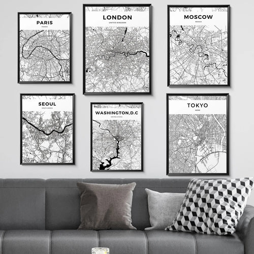 World City Map Wall Art Print – Black & White City Poster
