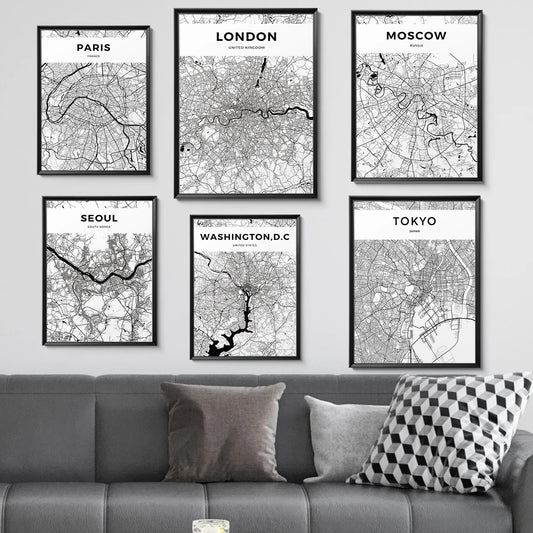 World City Map Wall Art Print – Black & White City Poster