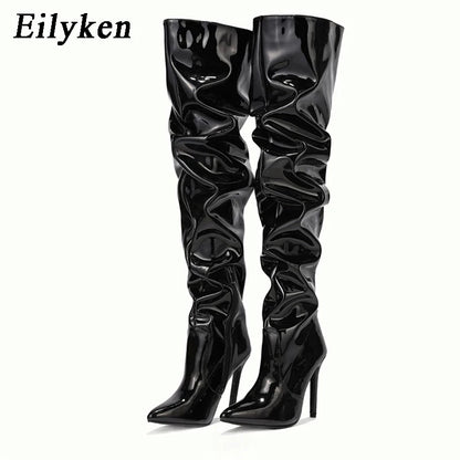 Over-the-Knee Stiletto Boots – Patent Leather Pointed Toe Side Zipper