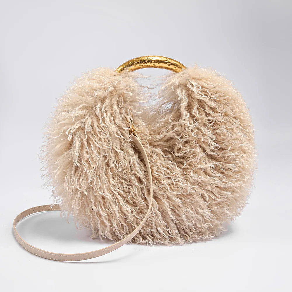Faux Fur Shoulder Bag – Fluffy Round Handbag with Gold Handle