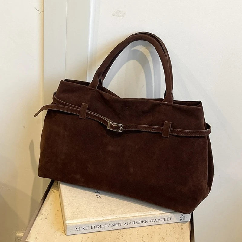Buckle Decorative Design Solid Faux Suede Handbag