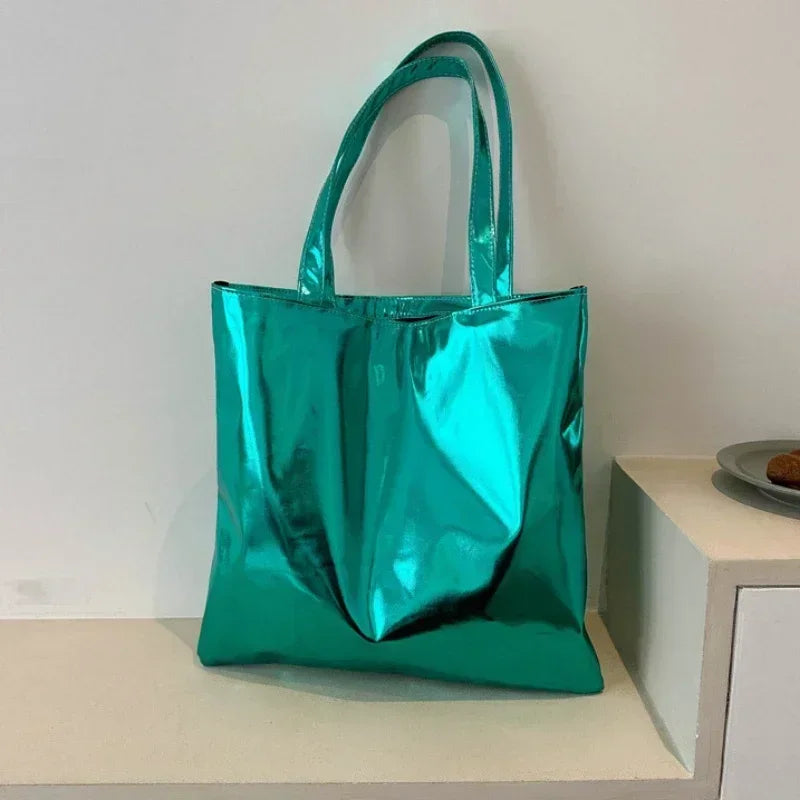 Glossy Tote Bags for Women Fashion High Capacity Shopping Pouch PU Leather Handags