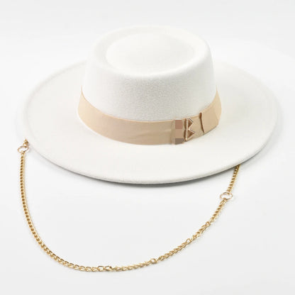 Women's Wide Brim Felt Fedora Hat with Gold Chain & Letter Detail