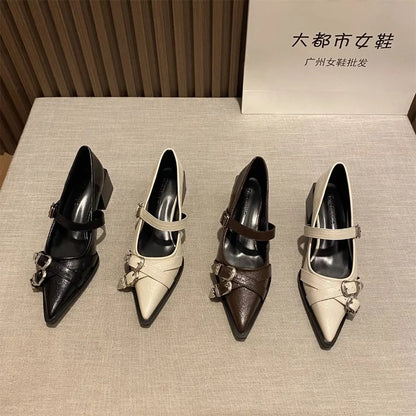 Pointed Toe Mary Jane Heels – Women's Metal Buckle Dress Shoes