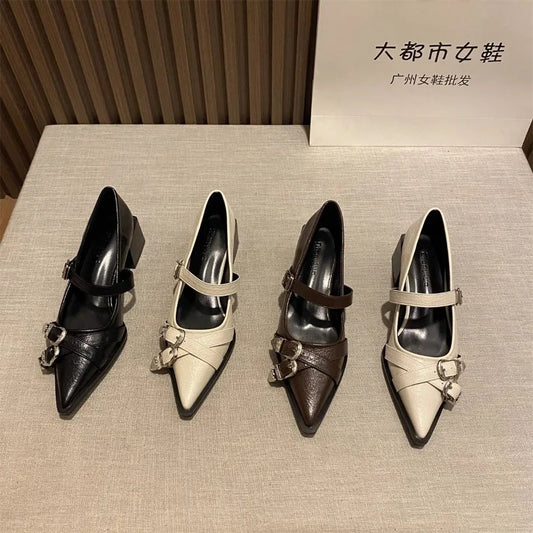 Pointed Toe Mary Jane Heels – Women's Metal Buckle Dress Shoes