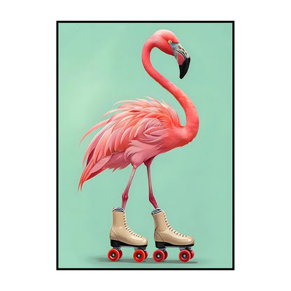 Flamingo on Roller Skates Wall Art Poster – Minimalist Print