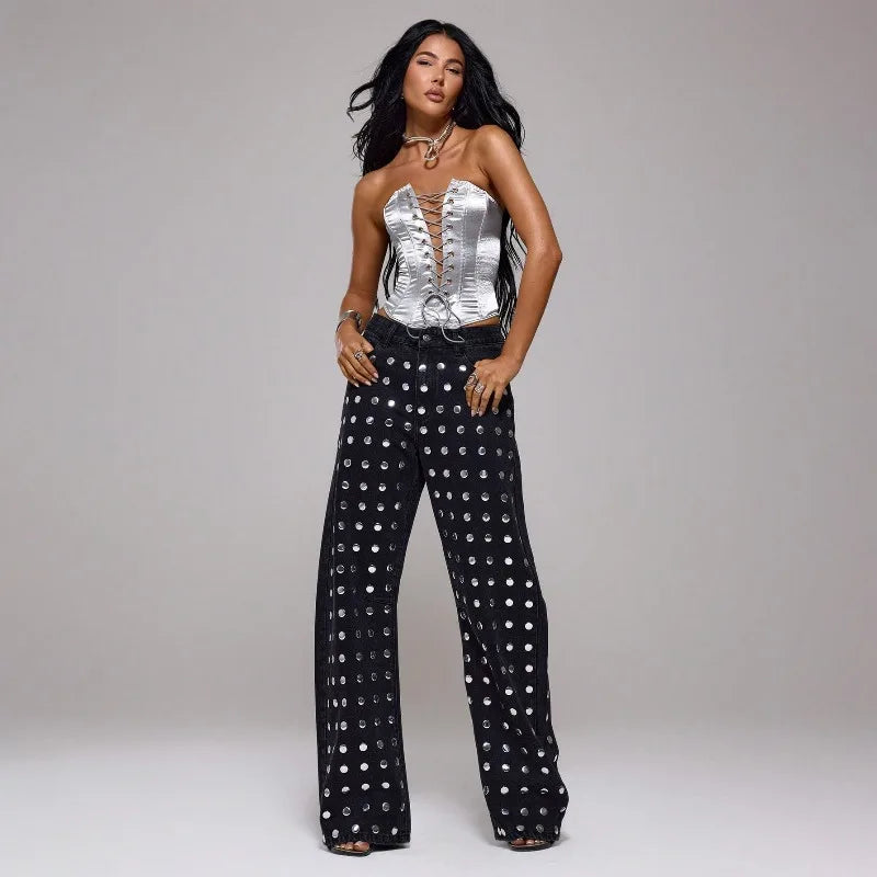 Mirror Rivet Baggy Straight-Leg Jeans – Y2K Mid-Waist Women's Trousers
