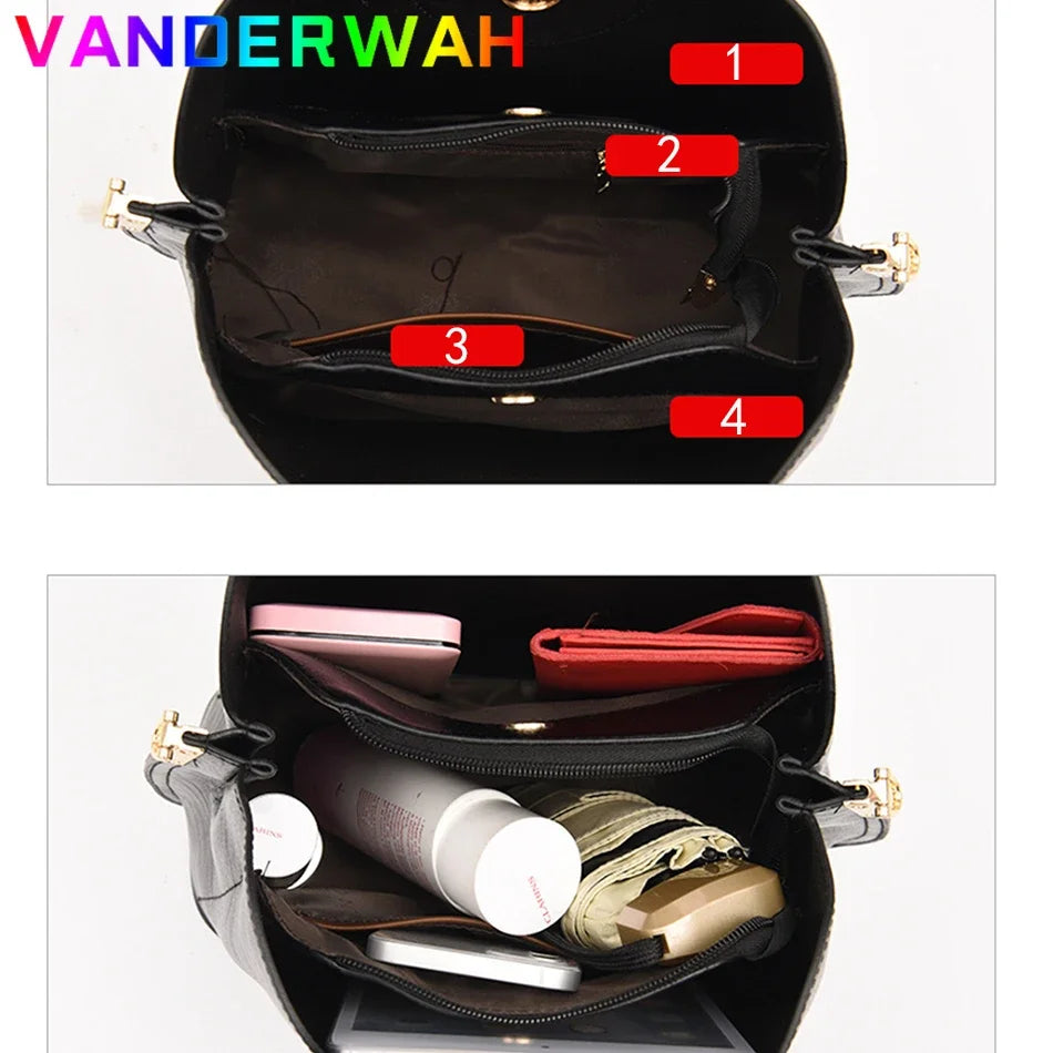 Luxury Oil Skin Leather Tote Bag for Women – 3-Layer Shoulder Handbag