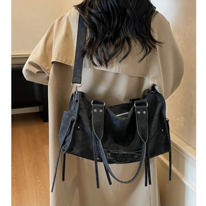 Retro Motorcycle Handbag Women Horizontal Tassel Design