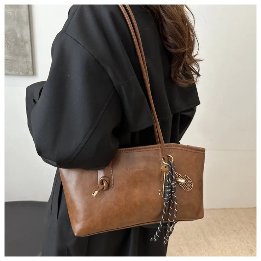 PU Leather Shoulder Bag Y2K Tote with Charm Detail