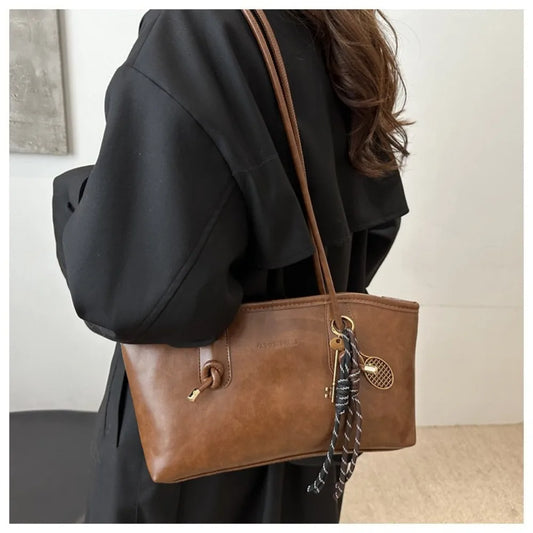 PU Leather Shoulder Bag Y2K Tote with Charm Detail