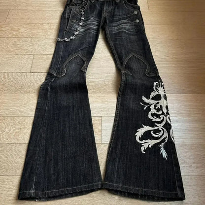 Y2K Floral Embroidered Wide Leg Jeans – Women's Retro Goth Streetwear Denim