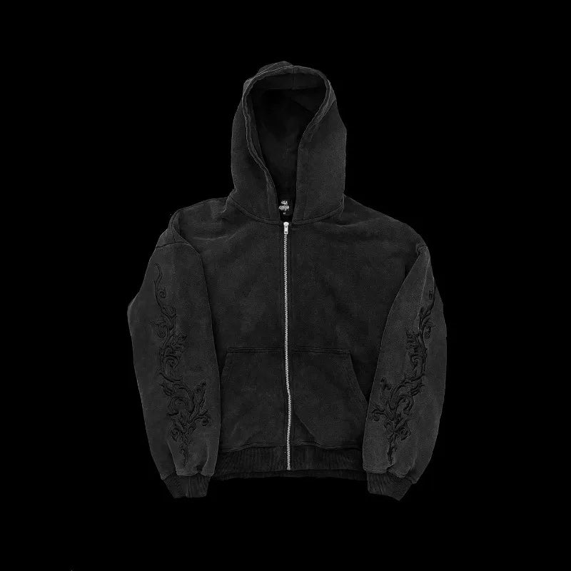 Vine Embroidered Zip-Up Hoodie – Unisex Gothic Streetwear Sweatshirt