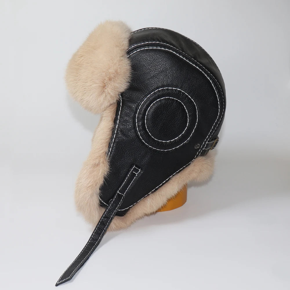 Winter Ushanka Trapper Hat with Rabbit Fur & Leather Earflaps