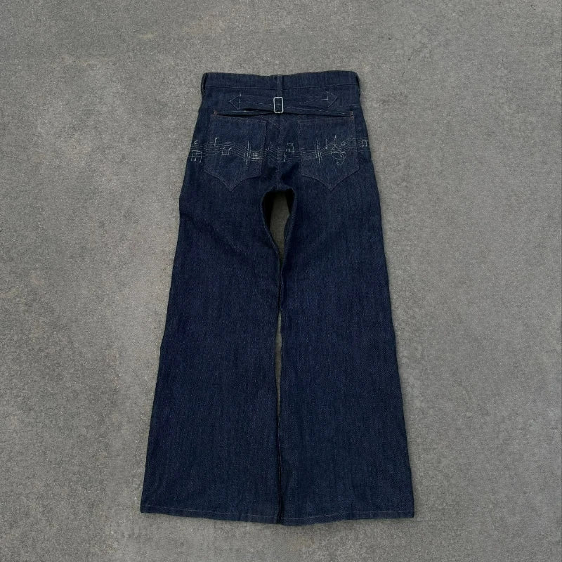Y2K Music Note Embroidery Flare Jeans – Unisex Streetwear Denim