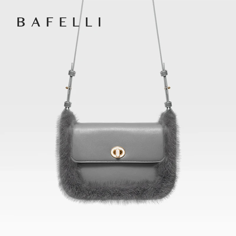 Fur Trim Genuine Leather Crossbody Shoulder Bag