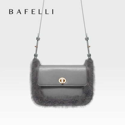 Fur Trim Genuine Leather Crossbody Shoulder Bag