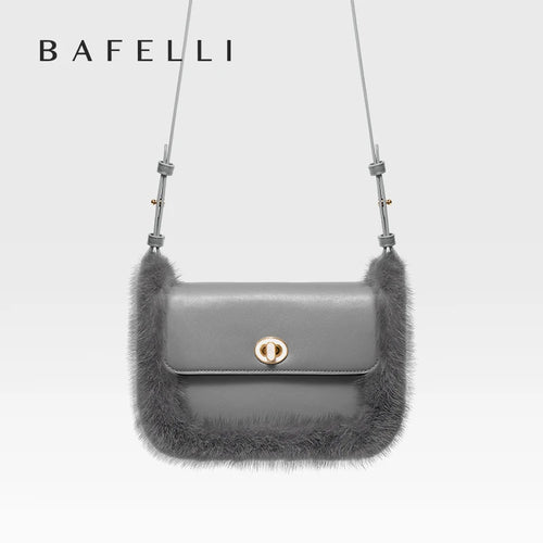 Fur Trim Genuine Leather Crossbody Shoulder Bag