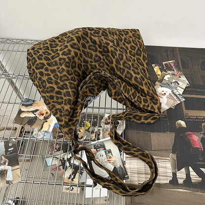 Leopard Print Canvas Shoulder Bag Large Capacity Tote for Women