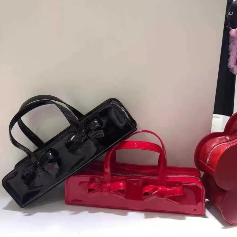 Retro Bow Red Y2k Hot Girls Leather Zipper Shoulder Bags