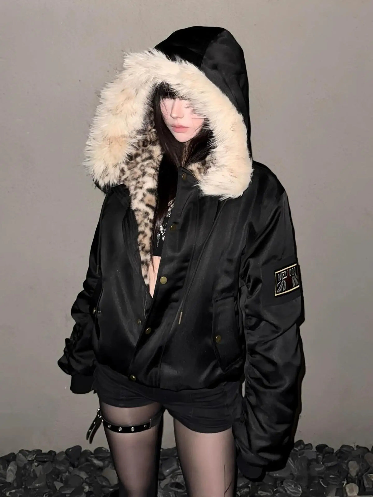 Harajuku Retro Oversized Jacket – Plush Fur Hood Leopard Lining