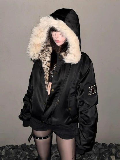 Harajuku Retro Oversized Jacket – Plush Fur Hood Leopard Lining
