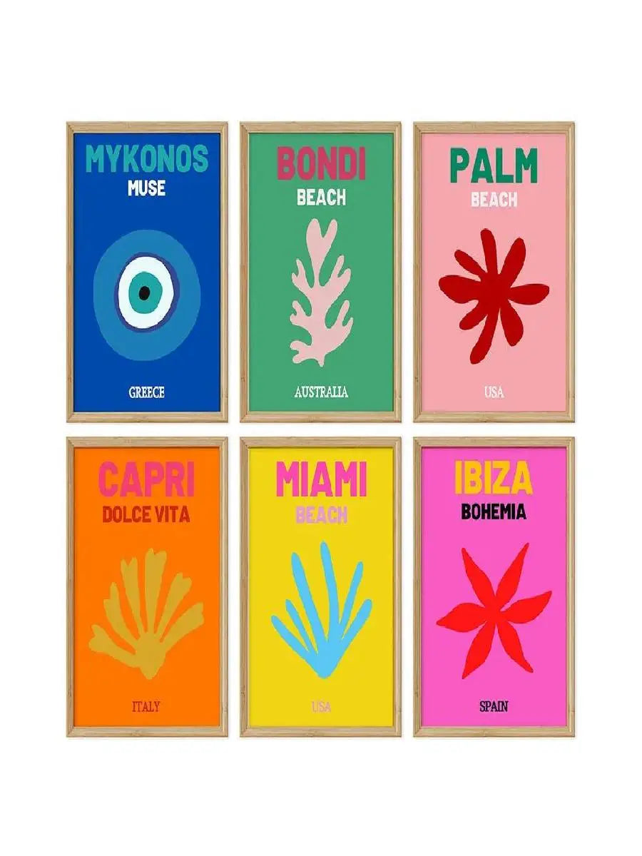 Travel Poster Set – Mykonos, Ibiza & Miami Boho Wall Art Print