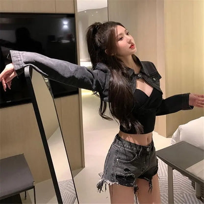 Women's Short Denim Jacket – Cropped Waisted Streetwear Cardigan