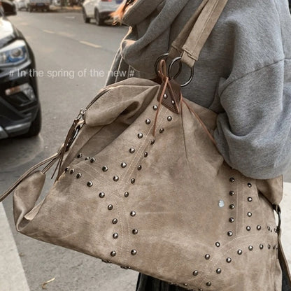 Retro Rivet Shoulder Bag for Women – Large Capacity Hobo Tote