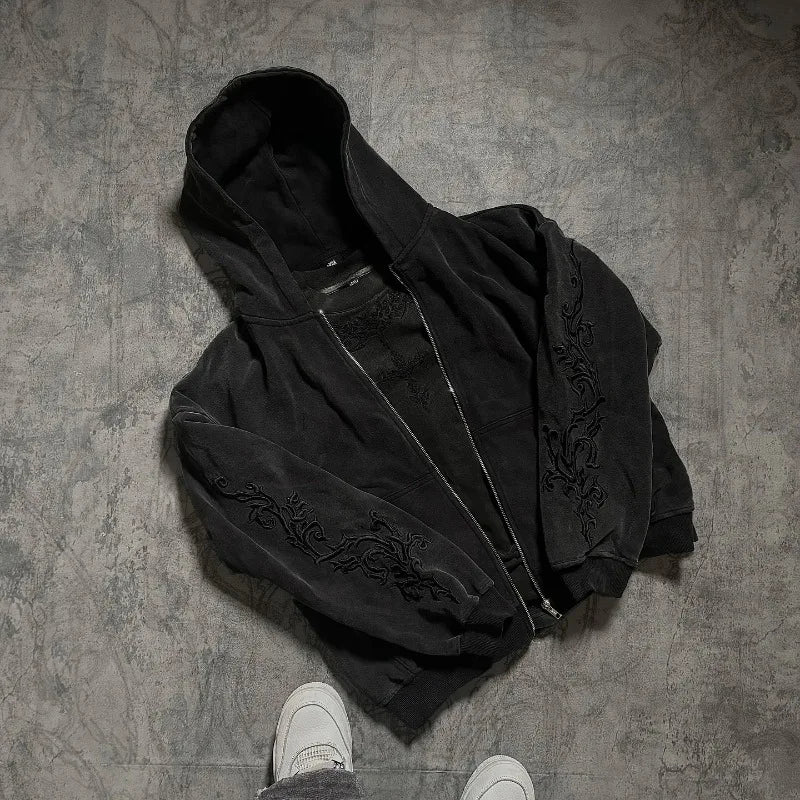 Vine Embroidered Zip-Up Hoodie – Unisex Gothic Streetwear Sweatshirt