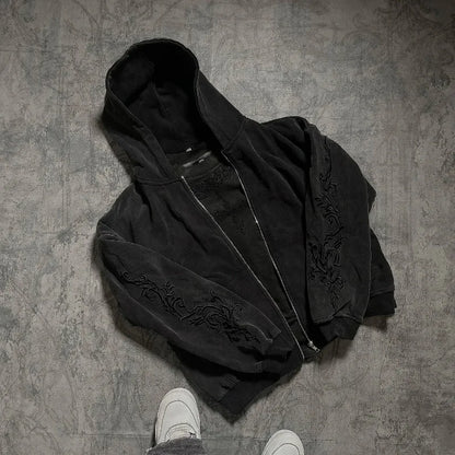 Vine Embroidered Zip-Up Hoodie – Unisex Gothic Streetwear Sweatshirt