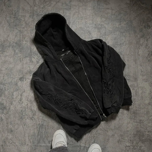 Vine Embroidered Zip-Up Hoodie – Unisex Gothic Streetwear Sweatshirt