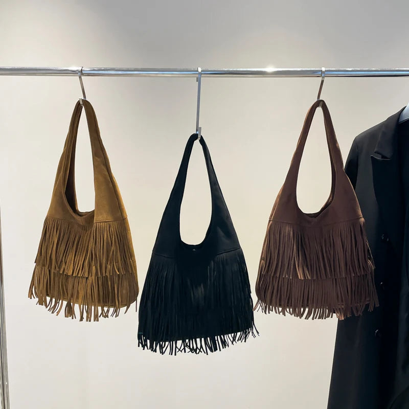 Tassel Hobo Shoulder Bag – Women's Y2K Suede Fringe Purse