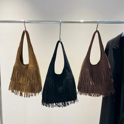 Tassel Hobo Shoulder Bag – Women's Y2K Suede Fringe Purse