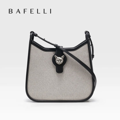 Canvas & Leather Crossbody Messenger Bag with Cat Clasp – Bafelli