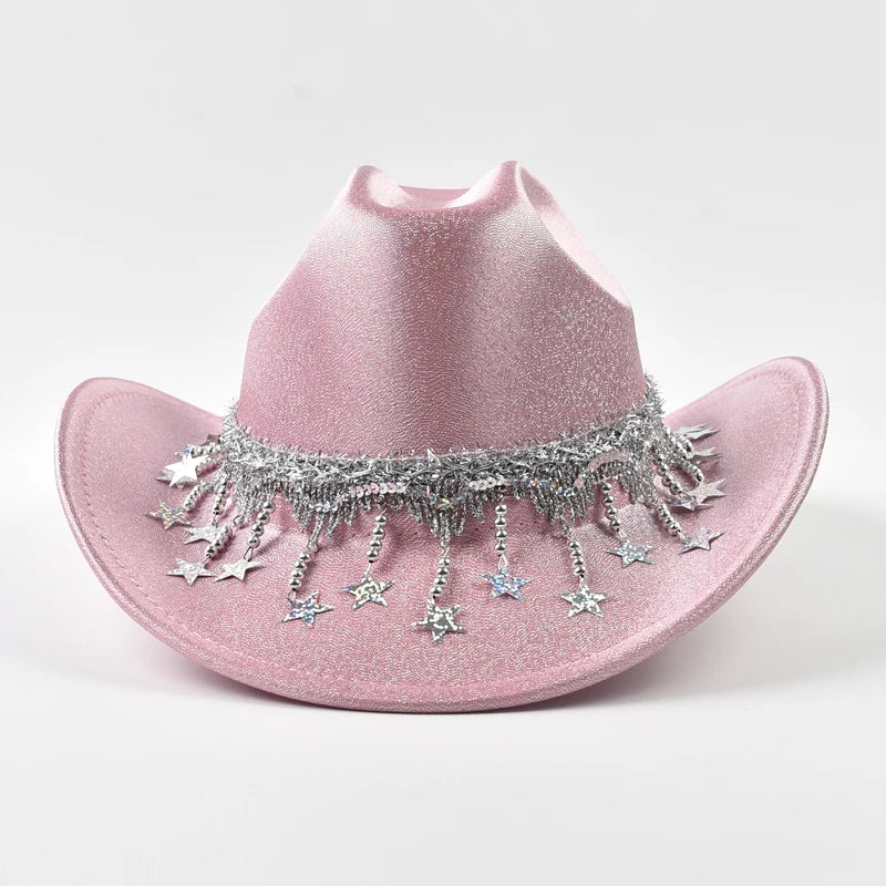 Sequin Cowgirl Hat with Rhinestone Star Fringe – Women's Festival & Party Hat