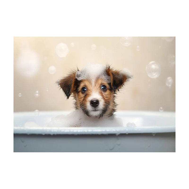 Cute Dog in Bathtub Wall Art Poster – Funny Puppy Canvas Print