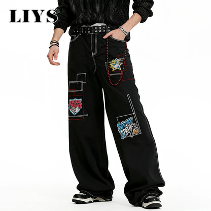 Y2K Embroidered Baggy Wide Leg Black Jeans – Hip-Hop Streetwear Denim