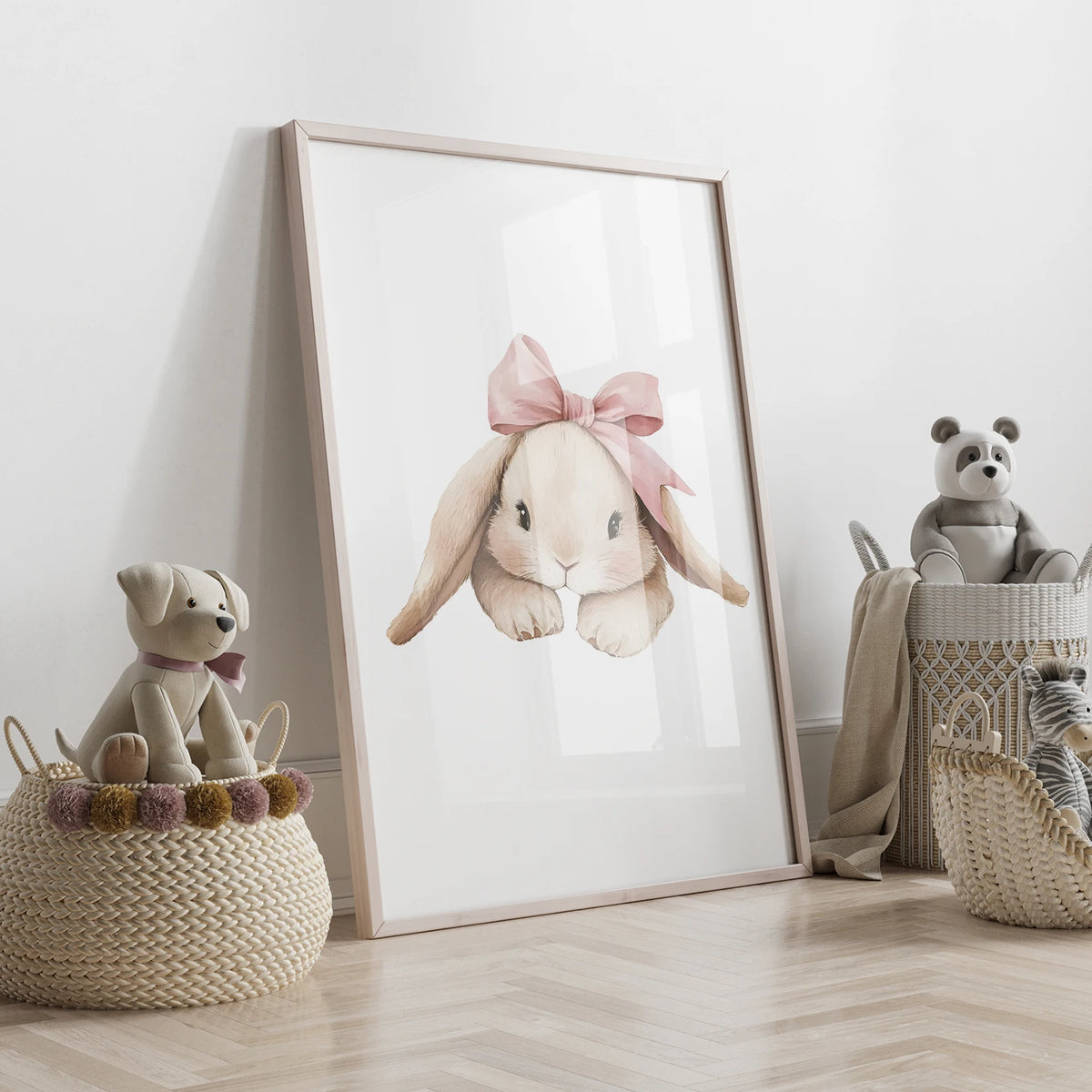Pink Bow Bunny Wall Art Print – Kids Room Nursery Poster