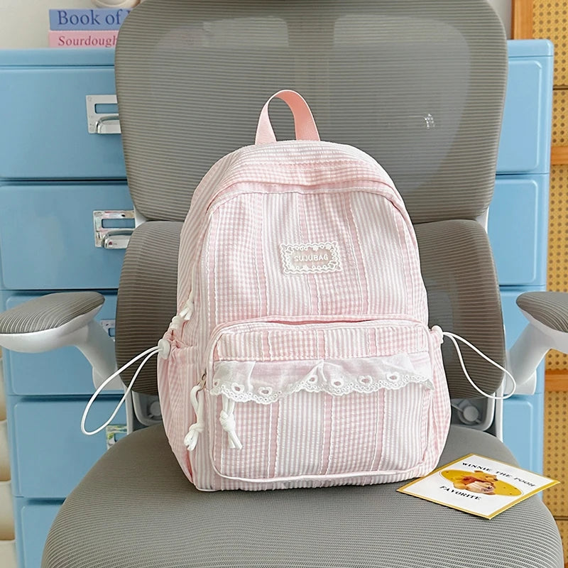 Sweet Style Girls Backpack – Cute Striped School Bag with Doll Charm