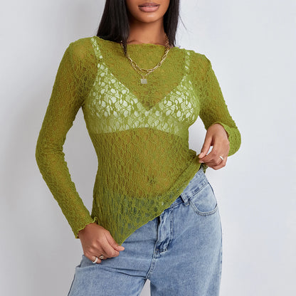 Sheer Lace Top Women Long Sleeve O-Neck Slim Fit Pullover